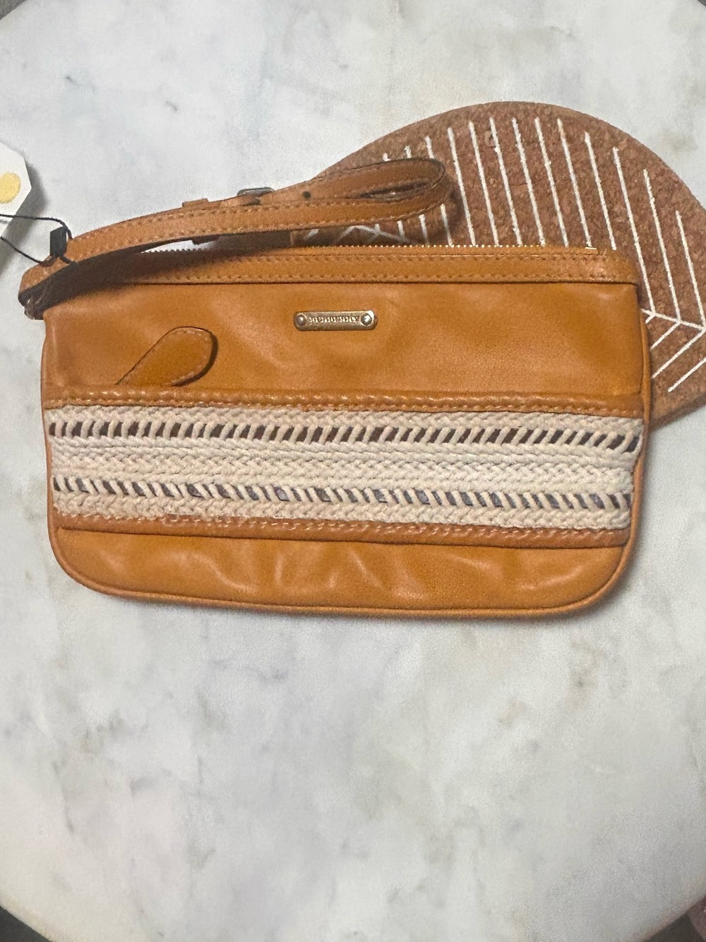 Burberry Tan Leather Wristlet with Cream Woven Accent